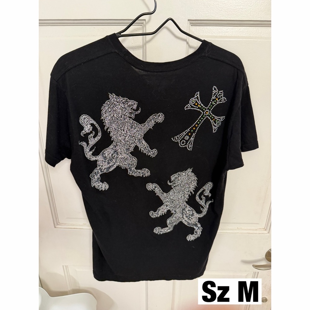 Y2K Black Rhinestone Lion & Cross Graphic Tee - Size M